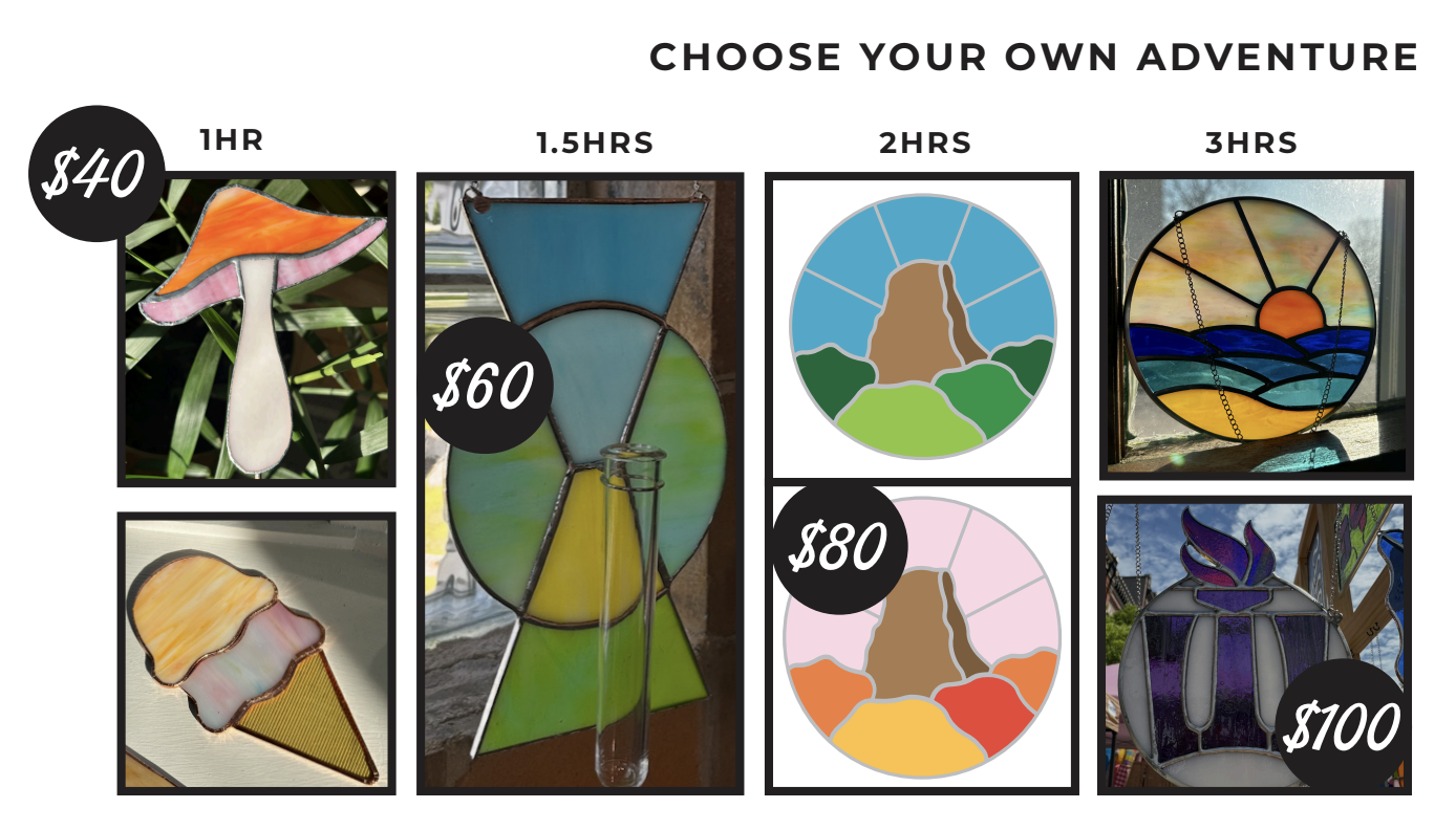 Pricing and photos of stained glass that can be made in the course